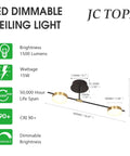Diagram of Sleek 2 Light LED Ceiling Light Fixture Semi Flush Mount, 15W Dimmable Warm White 3000K, Black and Gold Finish specs