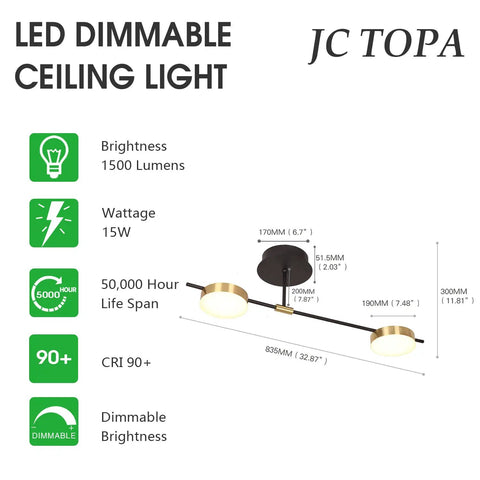 Diagram of Sleek 2 Light LED Ceiling Light Fixture Semi Flush Mount, 15W Dimmable Warm White 3000K, Black and Gold Finish specs