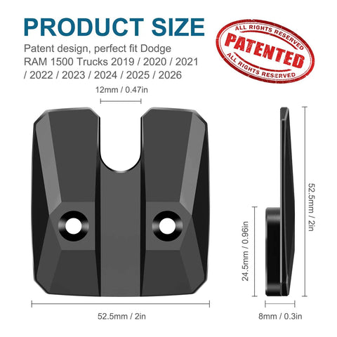 Sun Visor Repair Kit For Ram 1500 2019-2026 Two Pack Aluminum Visor Clip Replacement, product dimensions and patent stamp visible.