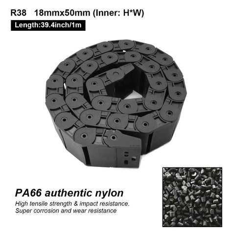 R38 18mm By 50mm Semi Enclosed Drag Chain Cable Carrier For CNC Machines, 1 Meter Length With End Connectors