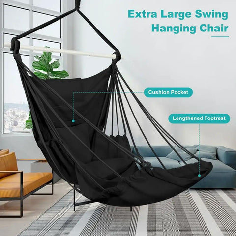 Hammock Chair With Foot Rest And Cushions, Durable Metal Spreader Bar Swing Chair For Indoor Outdoor Chill And Relaxation, Ideal For Bedroom
