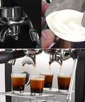 Game Changer On The Counter With This Silver Espresso Coffee Machine Pushing Bold Shots And Velvety Milk Froth With Zero Drama Using Rapid Heat System For Smooth Cappuccinos Anytime, showing espresso extraction and milk frothing.