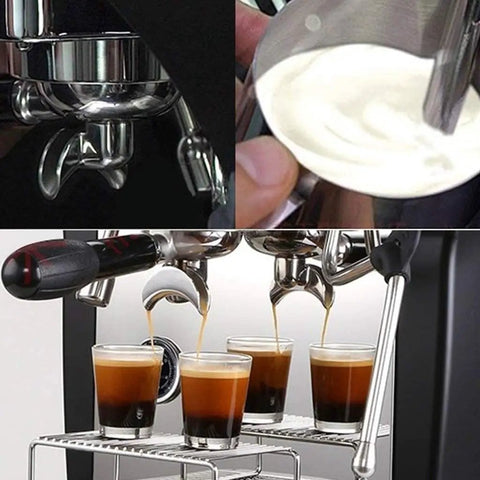 Game Changer On The Counter With This Silver Espresso Coffee Machine Pushing Bold Shots And Velvety Milk Froth With Zero Drama Using Rapid Heat System For Smooth Cappuccinos Anytime, showing espresso extraction and milk frothing.
