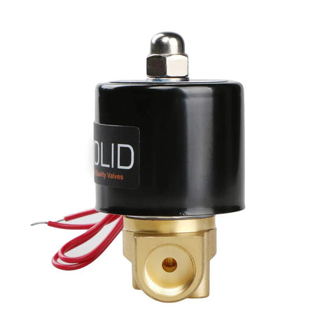Three Eighths Inch Electric Solenoid Valve 24VAC Normally Closed Brass Body With Viton Seal Built Tough For Air Water Fuel Gasoline Diesel Kerosene And Natural Gas, side view of brass valve with red wires
