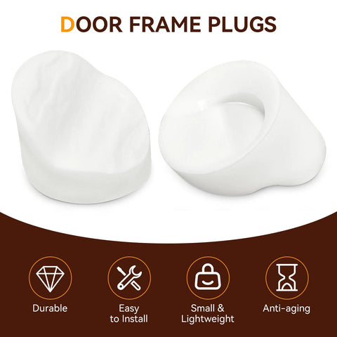 Close-up of white door frame plugs from 50Pcs Entry Door Plugs Set For Door Frames And Window Screw Holes White Diameter Five Sixteenths By One Quarter Inch Compatible With ODL And Western Reflection Frame Keeps Door Surfaces Clean And Neat