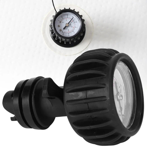 Inflatable Boat Pressure Gauge 0 To 30 PSI 0 To 2 BAR Easy Read Kayak Manometer for river rafts shown with PVC shell close-up.