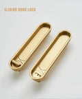 Pocket Door Lock Hardware With Pull Inconspicuous Sliding Door Handle Recessed Lock in gold zinc alloy, two units shown