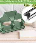 Heavy Duty Three Hole Punch For Binder With Large Chip Tray, 40 Sheet Capacity, Fifty Percent Less Effort Lever, Green Metal Design