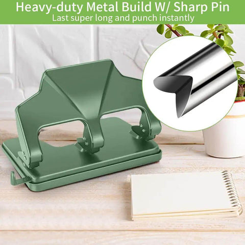 Heavy Duty Three Hole Punch For Binder With Large Chip Tray, 40 Sheet Capacity, Fifty Percent Less Effort Lever, Green Metal Design