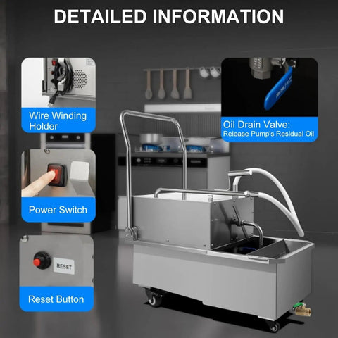 Heavy Duty 38L Commercial Oil Filtration Speed System For Deep Fryers showing power switch and oil drain valve details.
