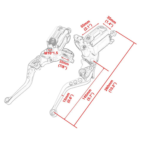 Universal Seven Eighths Inch 22 Millimeter CNC Hydraulic Brake Clutch Lever Master Cylinder With Dual Pump And Warning Switch Mirror Holder For Scooter Motorcycle ATV UTV Go Kart Red dimensions sketch