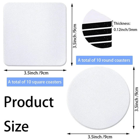 20 Pack Sublimation Coaster Blanks Set With Square And Round Cup Mats For DIY Heat Transfer Projects Perfect For Craft Folks, size 3.54x3.54 inch, thickness 0.12 inch, showing 10 round and 10 square white coasters.