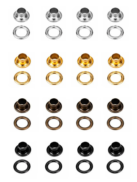 Built Dang Tough 420 Leather Grommet And Eyelet Kit showing various metal grommets and eyelets in silver, gold, bronze, and black finishes.