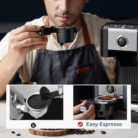 Man using Compact Espresso Machine With 20 Bar Pressure For Creamy Cappuccinos And Lattes with frothing milk foam nozzle
