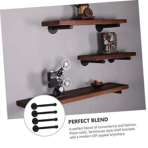 Rock Solid Heavy Duty Wall Mounted Shelf Brackets Four Pack Black Iron Pipe Style holding wooden planks with décor.