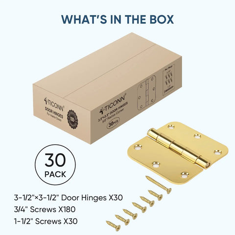 Box and components of 30 Pack 3-1/2 By 3-1/2 Inch Door Hinges With Removable Pin For Quick Door Swaps, Matte Black Finish