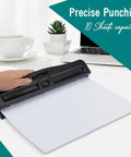 Person using Workhorse 3 Hole Punch For Binders Heavy Duty Metal Hole Puncher With 10 Sheet Capacity in office setting.