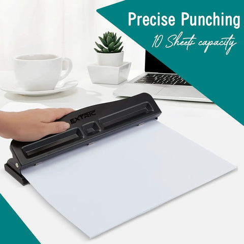 Person using Workhorse 3 Hole Punch For Binders Heavy Duty Metal Hole Puncher With 10 Sheet Capacity in office setting.