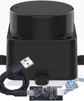 TOF LiDAR Sensor With 360 Degree Omni Directional Laser Scanning Anti Glare Up To 60000 Lux 5000 Hz Ranging 12 Meter Range Supports ROS And ROS2 High Precision Time Of Flight For Robotics Pros, shown with USB cable and adapter board for connectivity.