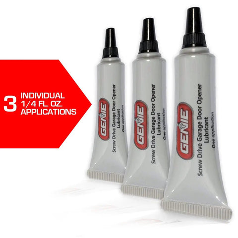 3-pack of 0.25 oz Screw Drive Lube For No Fuss Quiet, Smooth Garage Door Opener Action tubes, standing upright
