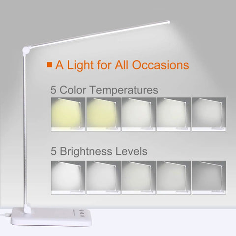 Eye Caring LED Desk Lamp With USB Charging Port, Touch Dimmable Office Light showcasing color modes and brightness levels.