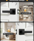 Square Black Interior Door Handle Set No Lock Passage Lever for Left or Right Handed Doors, displayed in living spaces.