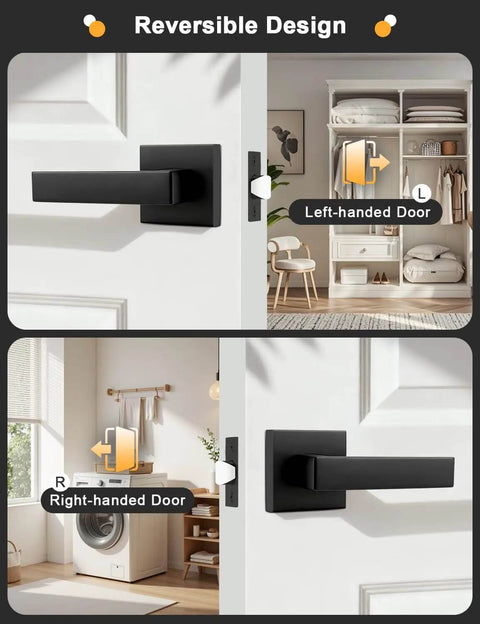 Square Black Interior Door Handle Set No Lock Passage Lever for Left or Right Handed Doors, displayed in living spaces.
