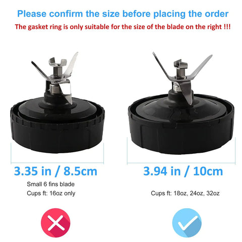 Comparison of two blender blades, highlighting compatibility with 3.94 in Ninja models for Five Pack Rubber Gasket Seals.