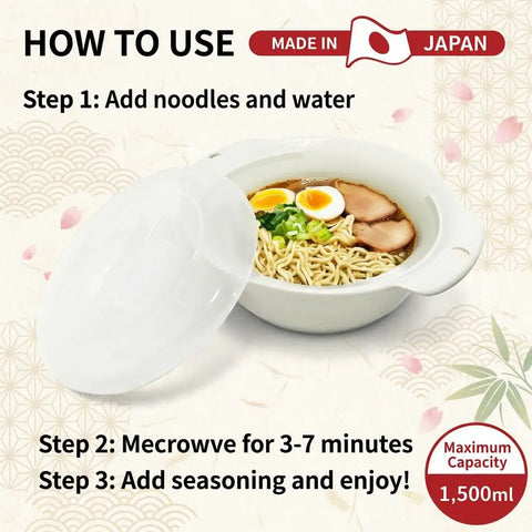 Microwave Ramen Cooker Bowl 50 Oz Capacity No Pot Needed With Lid Easy Noodles Maker, cooking ramen with toppings, Made in Japan.