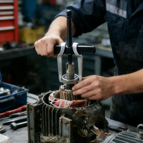 Person using Two Jaw Gear Puller 8 Inch Heavy Duty Claw Puller For Removal Of Pulleys Flywheels And Bearings in auto repair shop.