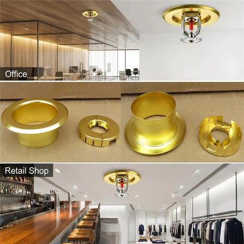 Top Shelf Fire Sprinkler Escutcheon Covers 3 4 Inch Removable Head Plates in gold finish installed in office and retail settings.