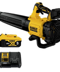 Cordless Leaf Blower With 450 CFM Airflow And 125 MPH Power, showing yellow blower, battery, and charger set