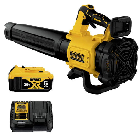 Cordless Leaf Blower With 450 CFM Airflow And 125 MPH Power, showing yellow blower, battery, and charger set