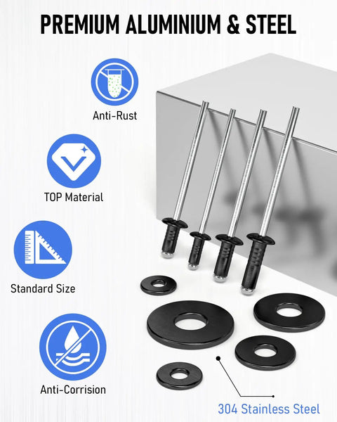 1000 Piece Black Pop Rivet Kit With 14 Sizes And 304 Stainless Steel Washers In Durable Storage Case For Metal Projects From Auto Repairs To DIY Fixes