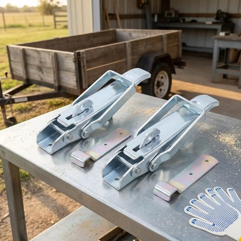 Heavy Duty Utility Trailer Lift Gate Latches Replacement Handle 2 Pack on metal table ready for installation.