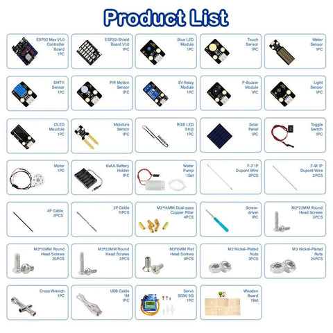 ESP32 IoT Smart Farm Kit for Arduino Scratch App Controlled STEM Coding Kit with Sensor Pack Hands On Wood House Building Toy Educational STEM Kit for Kids 12 Plus Learn Smart Agriculture and Home Automation. Product list of ESP32 controller board, sensors, cables, pump, and wooden board