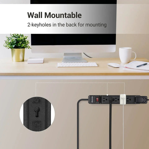 Surge Protector Power Strip With 12 Ft Extension Cord Flat Plug 6 Outlets One Wide Spaced Socket For Bulkier Plugs 500J Surge Protection 15A Circuit Breaker Wall Mountable UL Listed Black under desk showing mounting keyholes