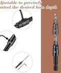 Diagram of Five Piece Countersink Drill Bit Set With One Quarter Inch Hex Shank, Tapered Adjustable Depth Bits For Wood Metal And Plastic
