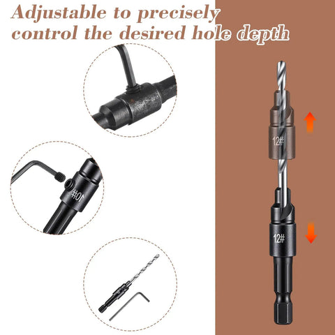 Diagram of Five Piece Countersink Drill Bit Set With One Quarter Inch Hex Shank, Tapered Adjustable Depth Bits For Wood Metal And Plastic