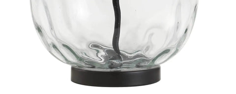 Close-up of base of Clear Glass And Black Metal LED Table Lamp For Bedroom And Living Room, clear glass bowl with black metal support.