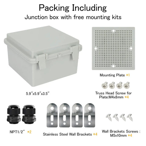 IP65 Waterproof Outdoor Junction Box With Hinged Lid, ABS Plastic Project Box, showing mounting plate and accessories