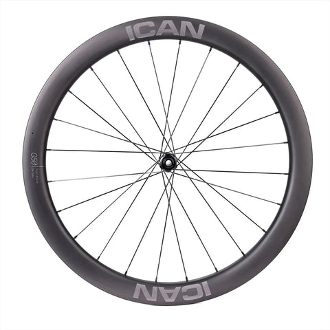 G40 G50 Carbon Gravel Wheelset Hooked Rim 700C Disc, 40mm Depth, close-up view of wheel with spokes and branded label
