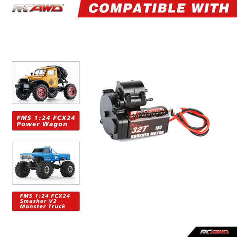 Upgraded 180 Motor And 32T Metal Gearbox Transmission For FMS 1 To 24 FCX24 Power Wagon Smasher V2 Monster Truck Black With 45 Steel Gears