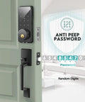 Keyless Entry Smart Door Lock With Touchscreen Keypad And Handle, Digital Deadbolt, App Control on a green door