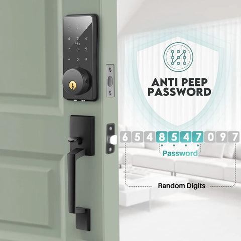 Keyless Entry Smart Door Lock With Touchscreen Keypad And Handle, Digital Deadbolt, App Control on a green door