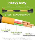Heavy Duty 50 Amp NEMA 14-50 Y Splitter Adapter showing 3 feet 6AWG cables with durable PVC jacket and copper conductors.