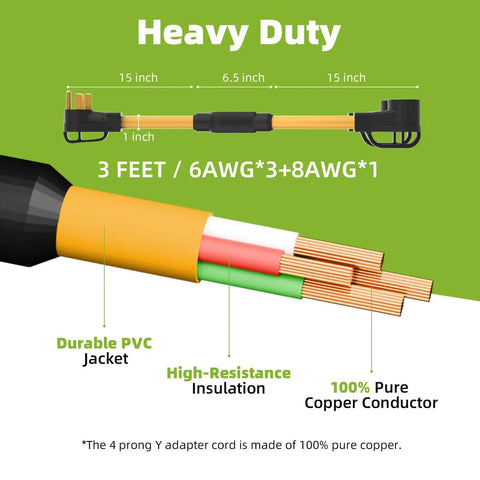 Heavy Duty 50 Amp NEMA 14-50 Y Splitter Adapter showing 3 feet 6AWG cables with durable PVC jacket and copper conductors.