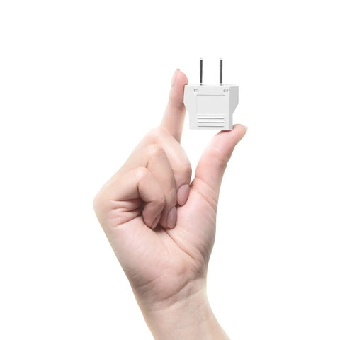 Hand holding small EU To US Travel Plug Adapter 220V To 110V Converter Type A 2 Pack For Europe To USA Canada Mexico.