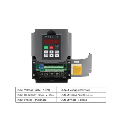 3.0KW 220V Variable Frequency Drive VFD For CNC Spindle Motor Speed Controller Three Phase Rock Solid Performance Wide Motor Compatibility Smooth Operation Easy Setup Durable Industrial Grade front view with wiring terminals