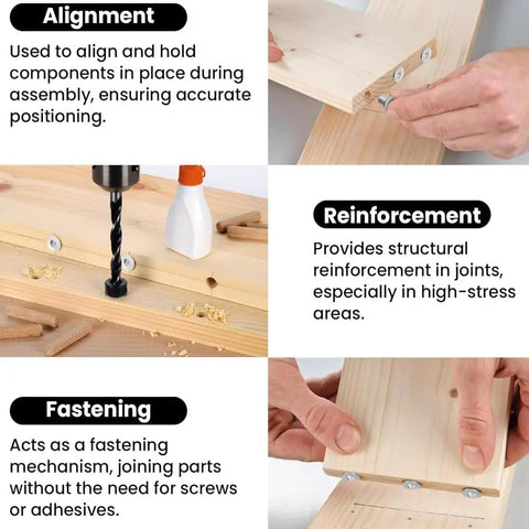Pro Grade Dowel Pin Center Point Set 8 Piece Transfer Plugs For Woodworking, highlighting alignment, reinforcement, fastening.